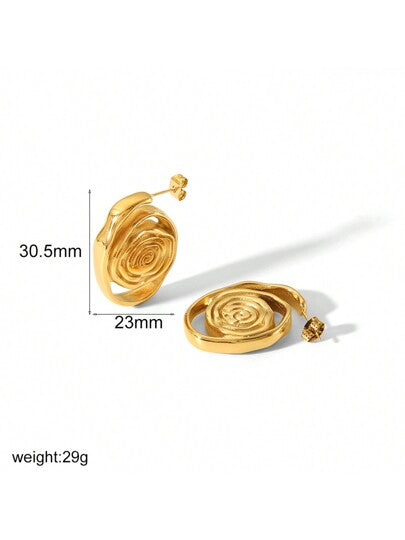 1pair Retro Personalized 18K Gold-Plated Stainless Steel Spiral Circle Stud Earrings