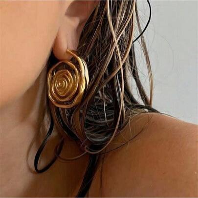 1pair Retro Personalized 18K Gold-Plated Stainless Steel Spiral Circle Stud Earrings