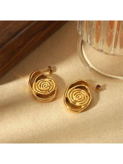 1pair Retro Personalized 18K Gold-Plated Stainless Steel Spiral Circle Stud Earrings