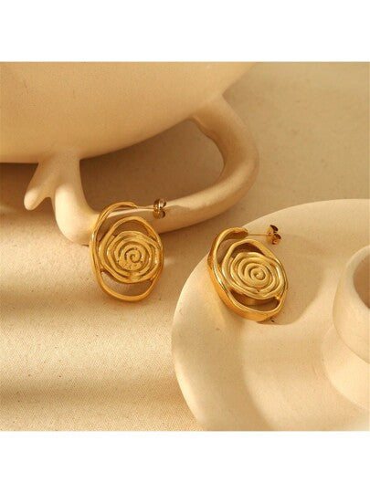 1pair Retro Personalized 18K Gold-Plated Stainless Steel Spiral Circle Stud Earrings